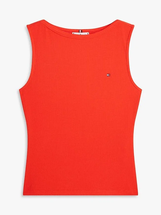 Camisola sem mangas de malha canelada com decote em barco e corte justo Camisola sem mangas de malha canelada com decote em barco e corte justo