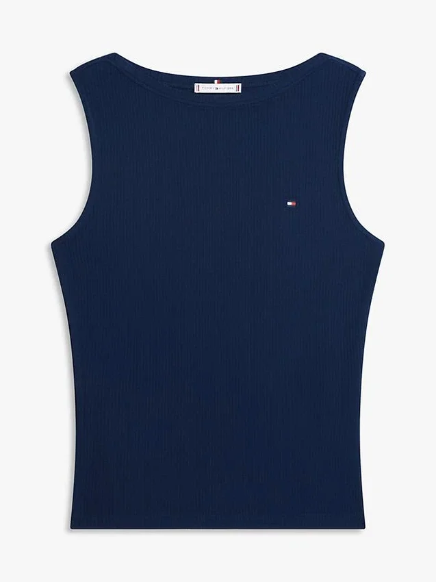 Camisola sem mangas de malha canelada com decote em barco e corte justo Camisola sem mangas de malha canelada com decote em barco e corte justo