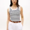 Camisola sem mangas em malha canelada às riscas Camisola sem mangas em malha canelada às riscas