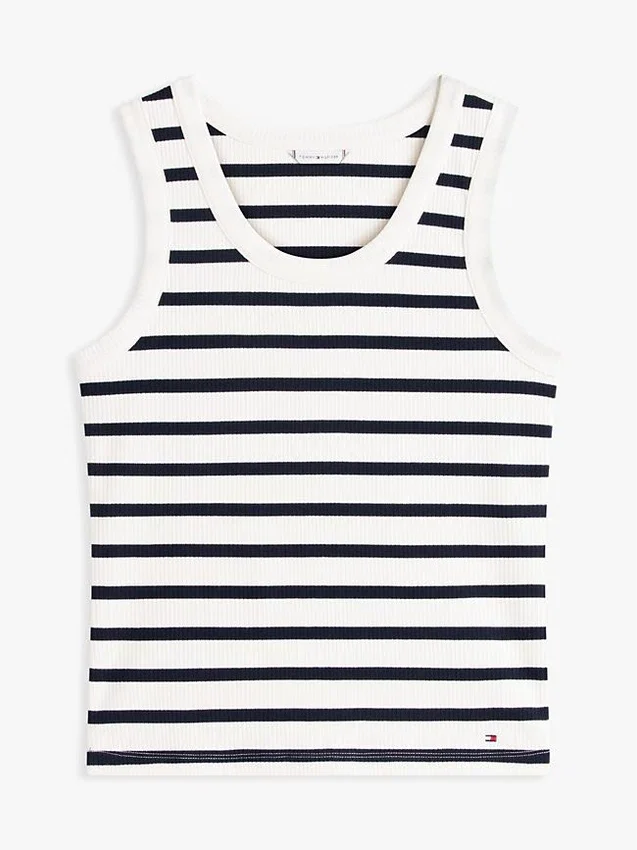 Camisola sem mangas em malha canelada às riscas Camisola sem mangas em malha canelada às riscas