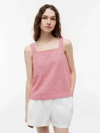 Camisola sem mangas em mistura de linho xadrez