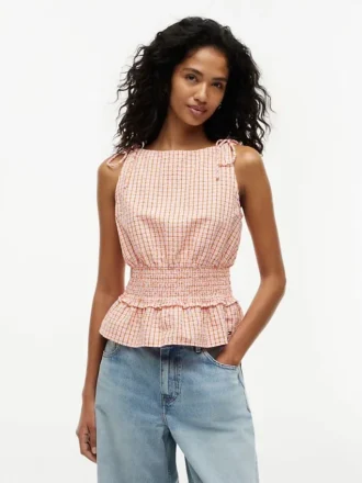 Camisola sem mangas em seersucker xadrez franzido