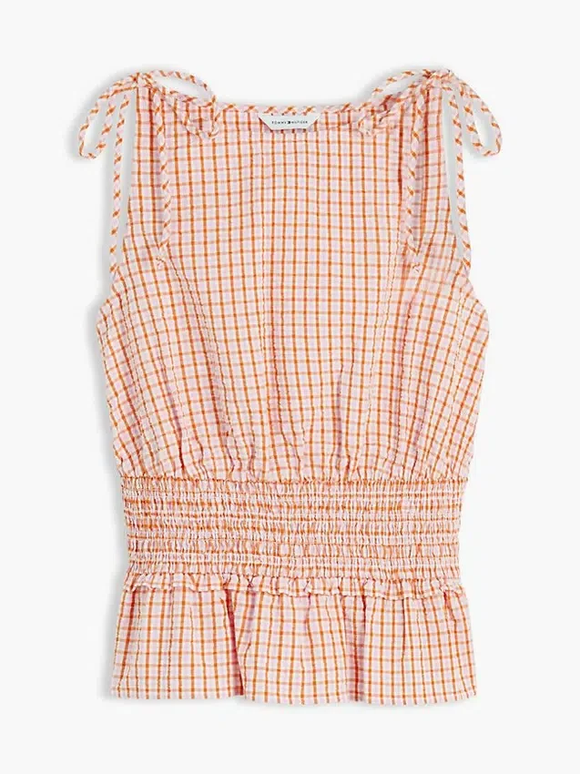 Camisola sem mangas em seersucker xadrez franzido Camisola sem mangas em seersucker xadrez franzido