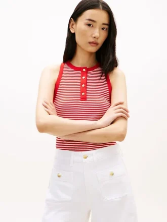 Camisola sem mangas Henley com riscas e botões dourados