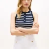 Camisola sem mangas Henley com riscas e botões dourados Camisola sem mangas Henley com riscas e botões dourados