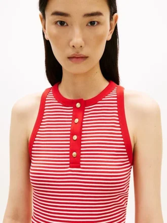 Camisola sem mangas Henley com riscas e botões dourados