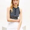 Camisola sem mangas Henley com riscas e botões dourados Camisola sem mangas Henley com riscas e botões dourados