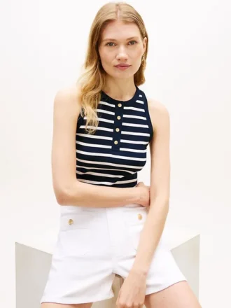 Camisola sem mangas Henley com riscas e botões dourados