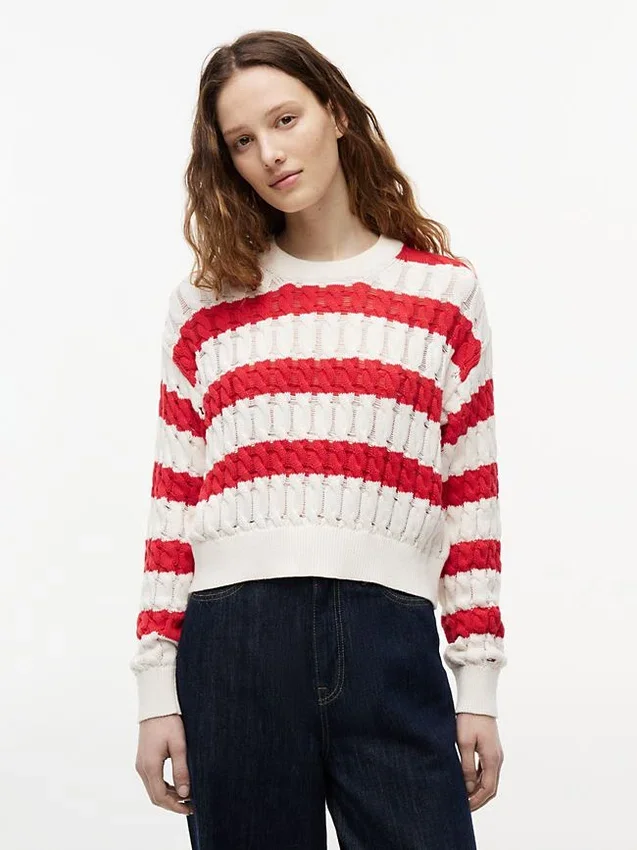 Camisola Tommy Jeans com malha de cordões às riscas Camisola Tommy Jeans com malha de cordões às riscas