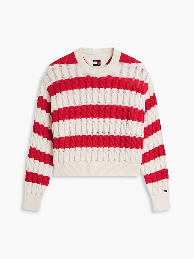 Camisola Tommy Jeans com malha de cordões às riscas Camisola Tommy Jeans com malha de cordões às riscas