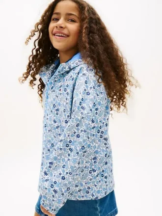 Casaco de chuva com capuz e estampado floral para criança
