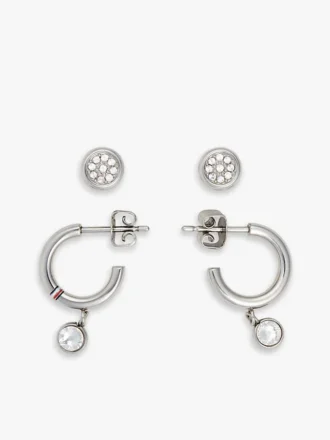 Conjunto de brincos de argola e brincos de pressão com detalhes em cristal