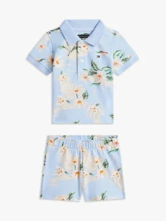 Conjunto de polo e calções com estampado floral para bebés