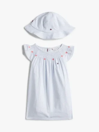 Conjunto de presente com vestido às riscas e chapéu para bebés