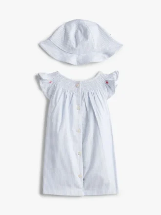 Conjunto de presente com vestido às riscas e chapéu para bebés