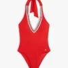 Fato de banho com decote profundo e alças halter com riscas exclusivas Fato de banho com decote profundo e alças halter com riscas exclusivas