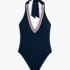 Fato de banho com decote profundo e alças halter com riscas exclusivas Fato de banho com decote profundo e alças halter com riscas exclusivas