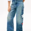 Jeans de cintura alta e perna larga com motivo de estrelas para criança
