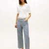Jeans de cintura alta e perna larga com riscas ferroviárias Jeans de cintura alta e perna larga com riscas ferroviárias