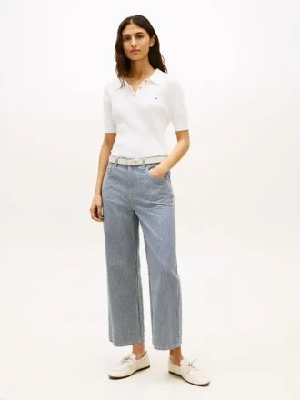 Jeans de cintura alta e perna larga com riscas ferroviárias