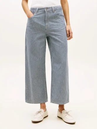 Jeans de cintura alta e perna larga com riscas ferroviárias