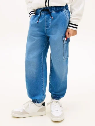 Jeans de ganga cargo elásticos e descontraídos para criança