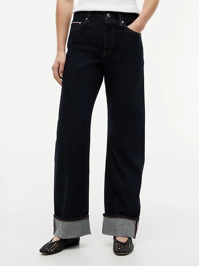 Jeans de ganga largos e retos de cintura média com ouropel Jeans de ganga largos e retos de cintura média com ouropel