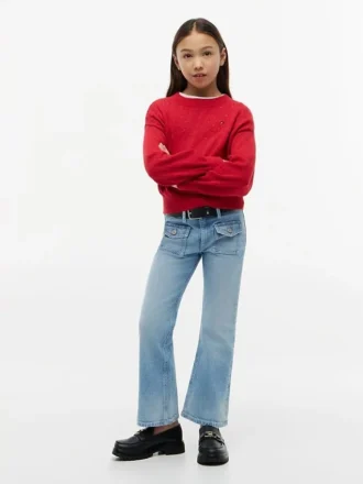 Jeans largos com bolsos de remendo para criança