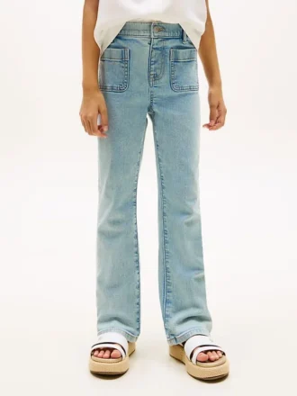 Jeans largos com bolsos de remendo para meninas