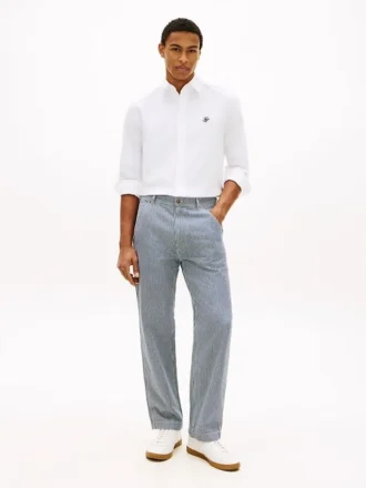 Jeans largos e retos com riscas ferroviárias