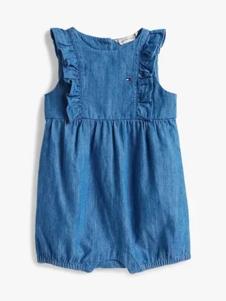 Macacão curto com folhos em chambray para bebés