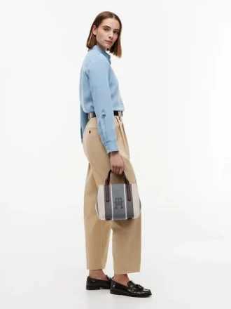 Mini-mala tipo satchel em jacquard às riscas