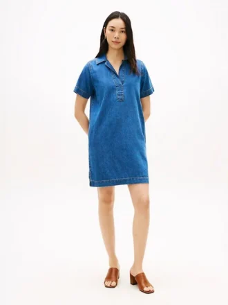 Mini-vestido de ganga com carcela aberta