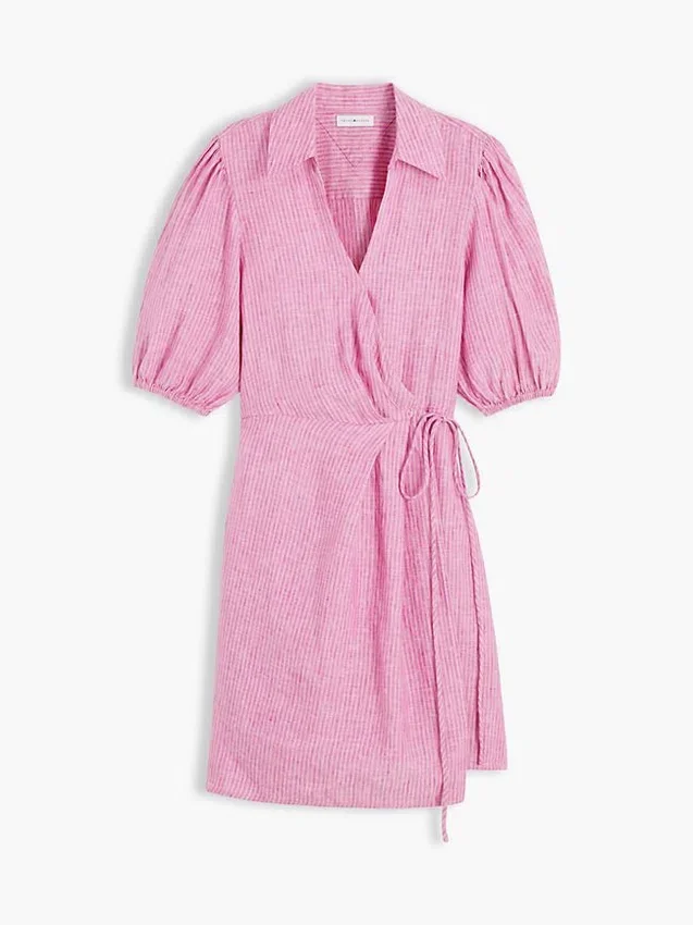 Mini-vestido envolvente de linho às riscas Mini-vestido envolvente de linho às riscas