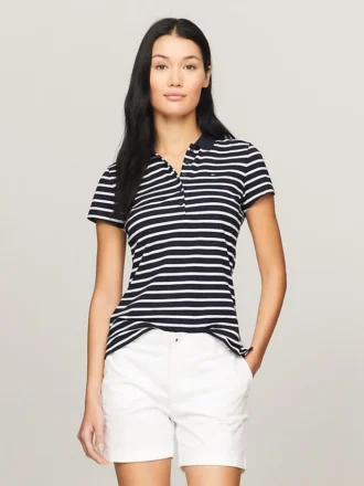 Polo de algodão elástico às riscas com corte justo
