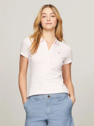 Polo de algodão elástico às riscas com corte justo