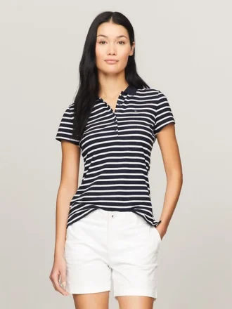 Polo de algodão elástico às riscas com corte justo