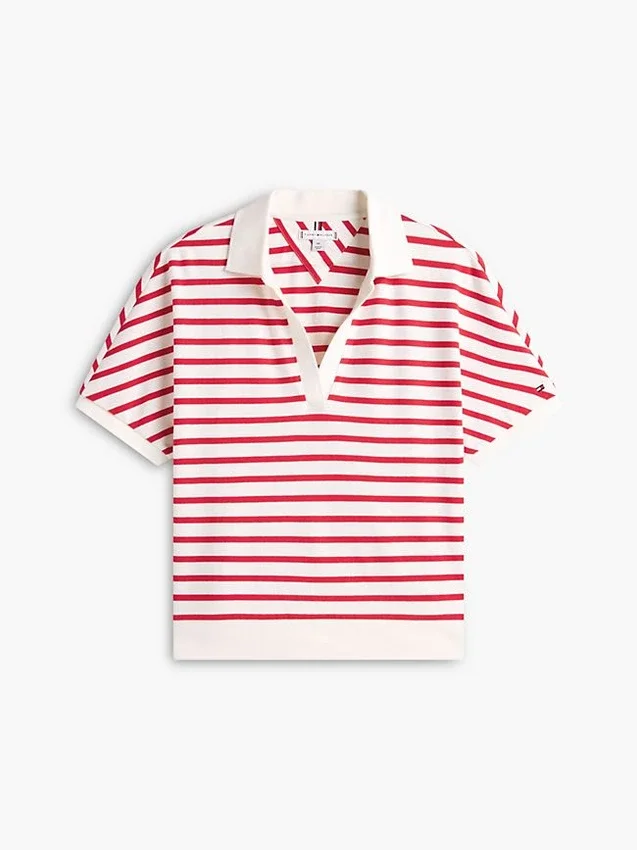 Polo de corte descontraído com riscas mescladas Polo de corte descontraído com riscas mescladas