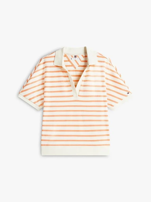 Polo de corte descontraído com riscas mescladas Polo de corte descontraído com riscas mescladas