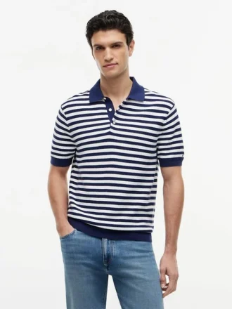 Polo de malha com riscas e textura waffle de manga curta