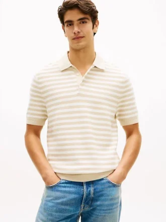 Polo de malha com riscas e textura waffle de manga curta
