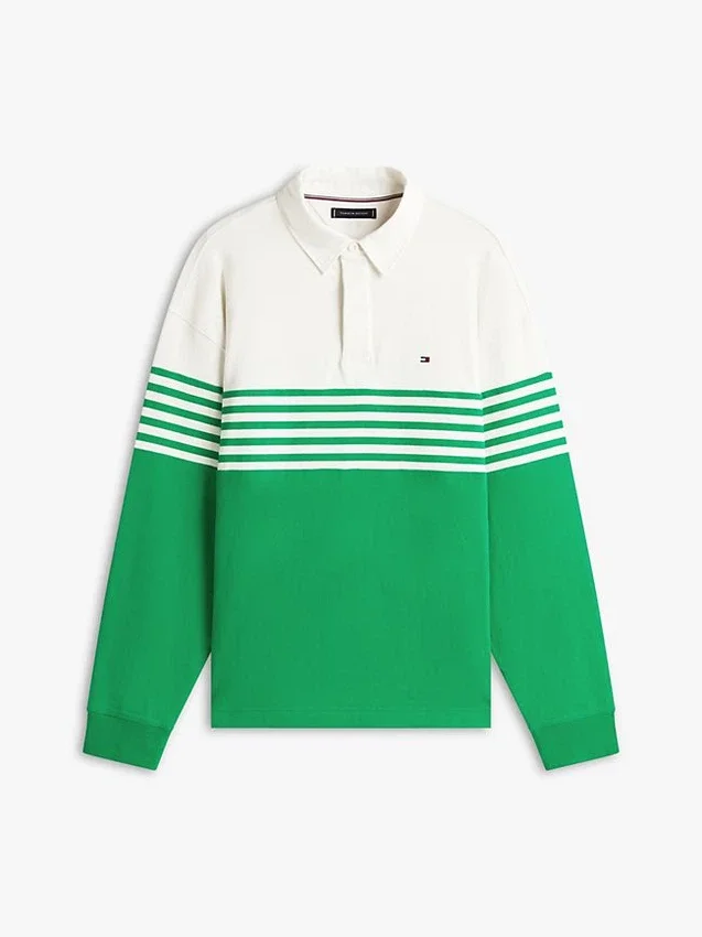 Polo de manga comprida com corte descontraído e blocos de cor Polo de manga comprida com corte descontraído e blocos de cor
