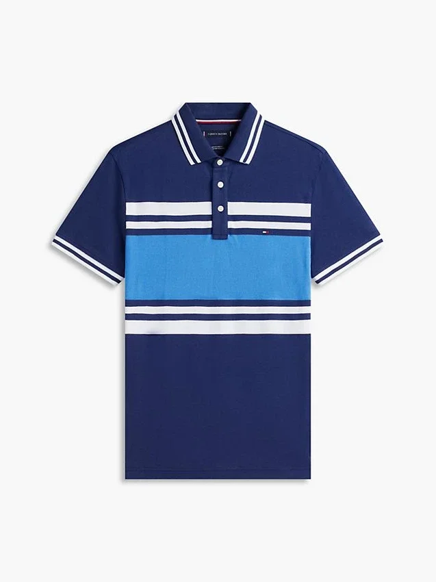 Polo de piqué elástico com riscas em bloco e corte justo Polo de piqué elástico com riscas em bloco e corte justo