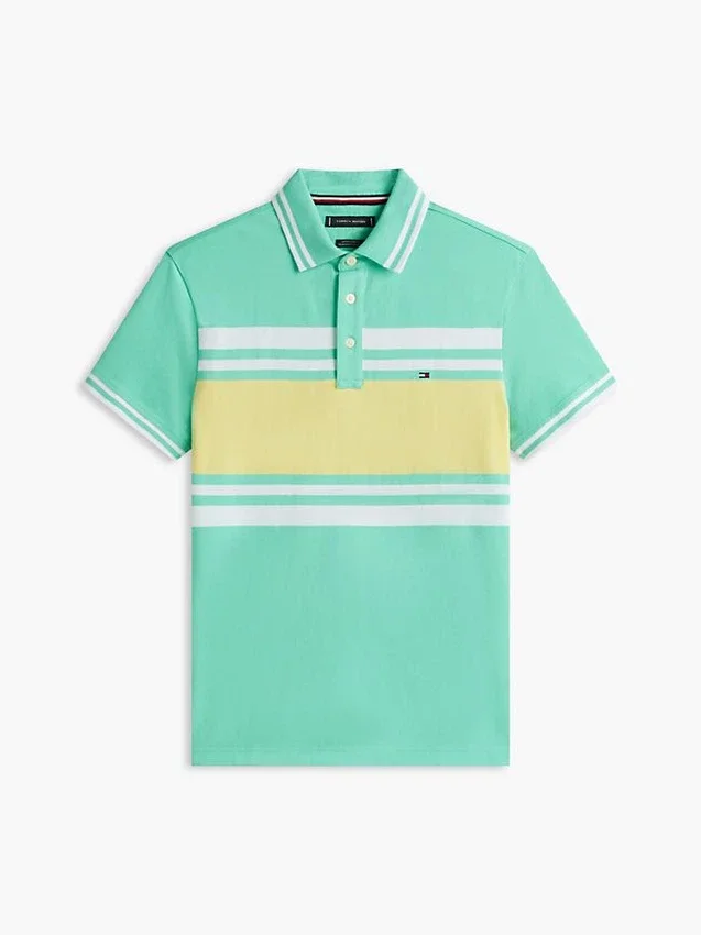 Polo de piqué elástico com riscas em bloco e corte justo Polo de piqué elástico com riscas em bloco e corte justo