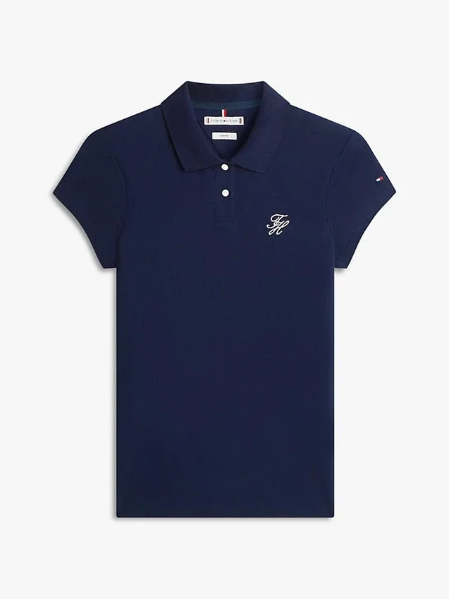 Polo elástico com monograma em letra cursiva e corte justo Polo elástico com monograma em letra cursiva e corte justo