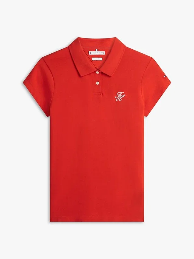 Polo elástico com monograma em letra cursiva e corte justo Polo elástico com monograma em letra cursiva e corte justo