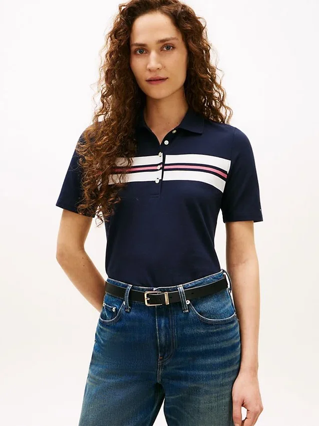 Polo elástico com riscas em bloco de corte regular Polo elástico com riscas em bloco de corte regular