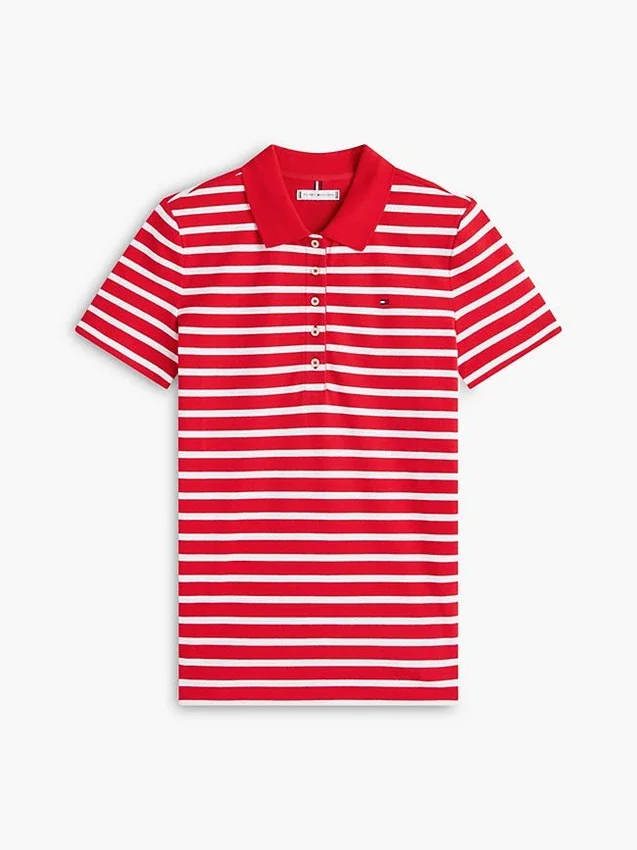 Polo em piqué elástico às riscas com corte clássico Polo em piqué elástico às riscas com corte clássico
