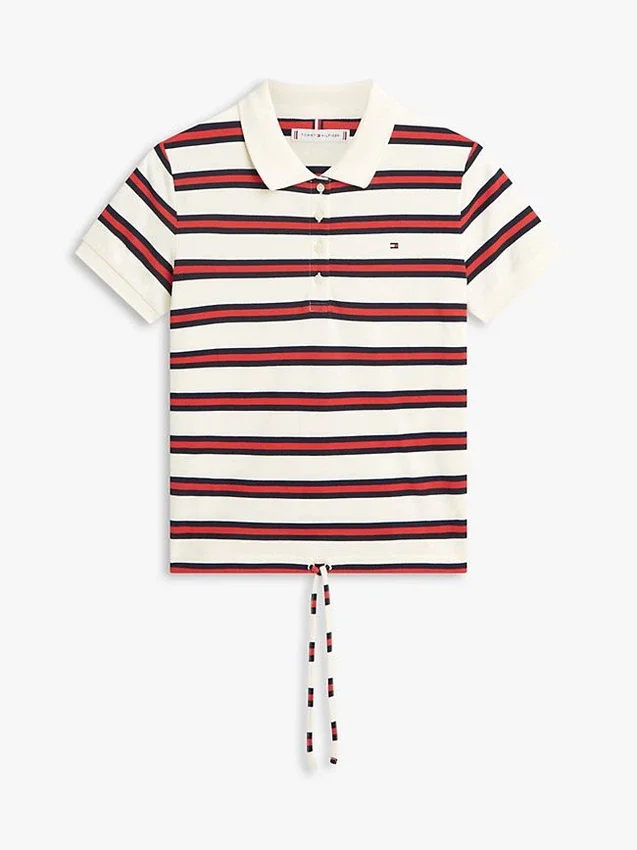 Polo em piqué elástico às riscas com laço à frente Polo em piqué elástico às riscas com laço à frente