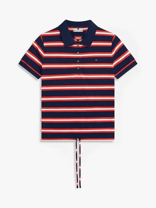 Polo em piqué elástico às riscas com laço à frente Polo em piqué elástico às riscas com laço à frente